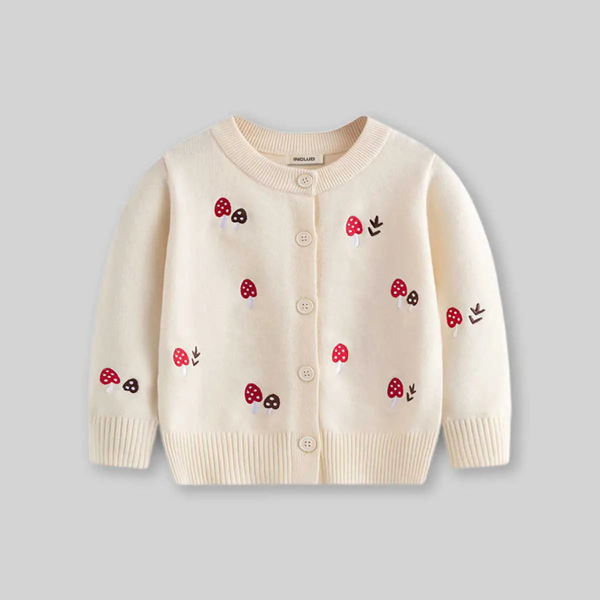 Girls Apricot Long Sleeve Mushroom Embroidered Knitted Cardigan Sweaters & Cardigans