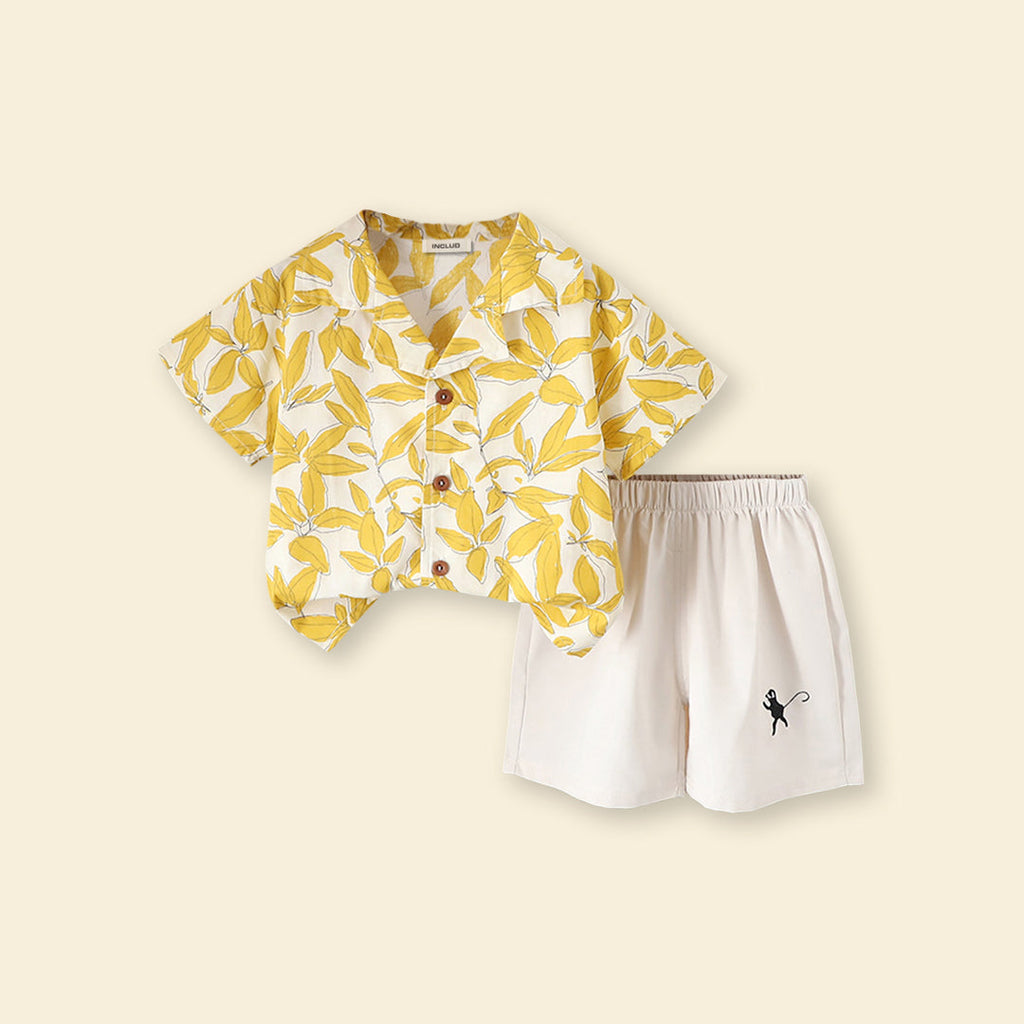 Boys Yellow Short Sleeve Printed Shirt With Shorts Sets Yellow 1-2 Y 