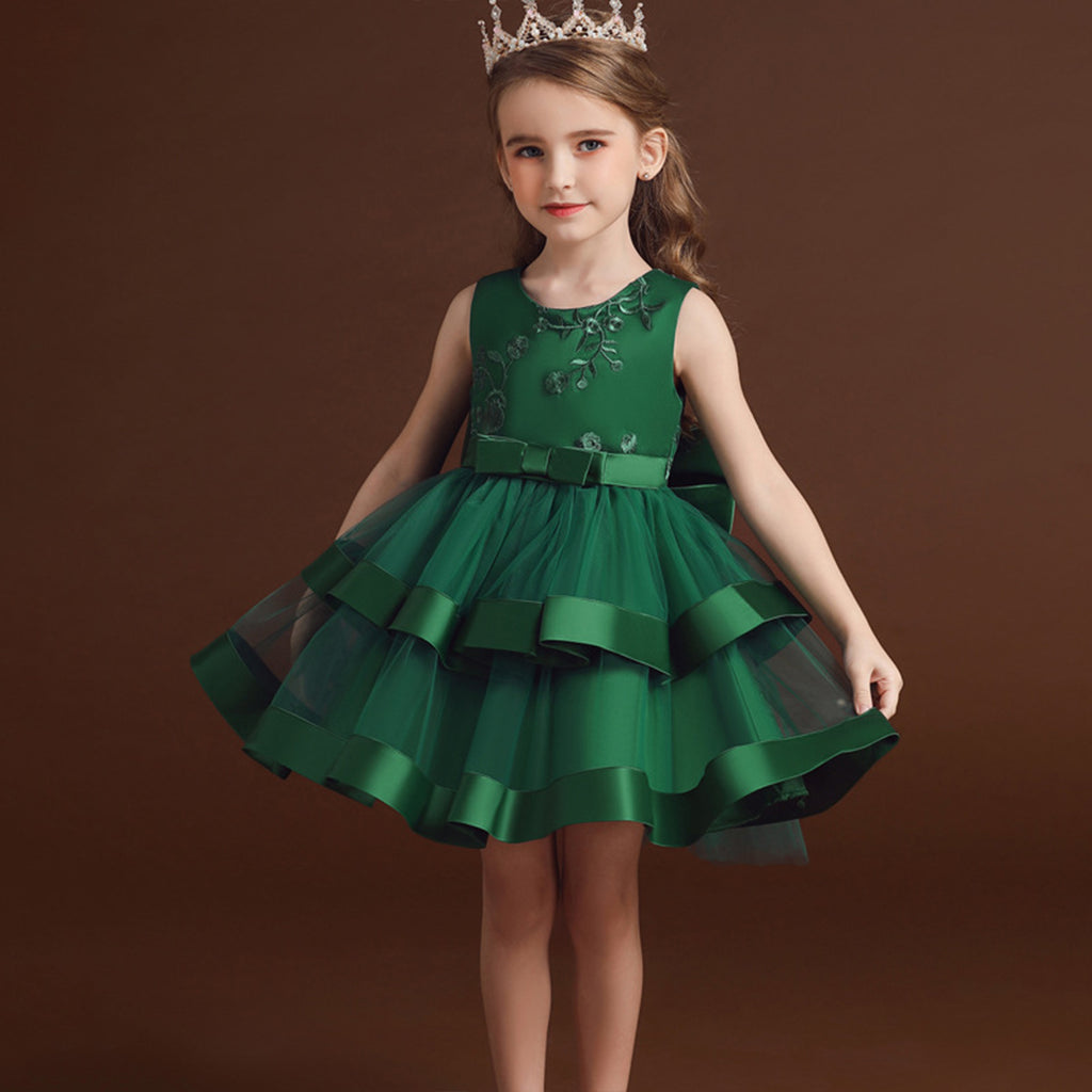Girls Sleeveless Floral Embroidery Party Dress