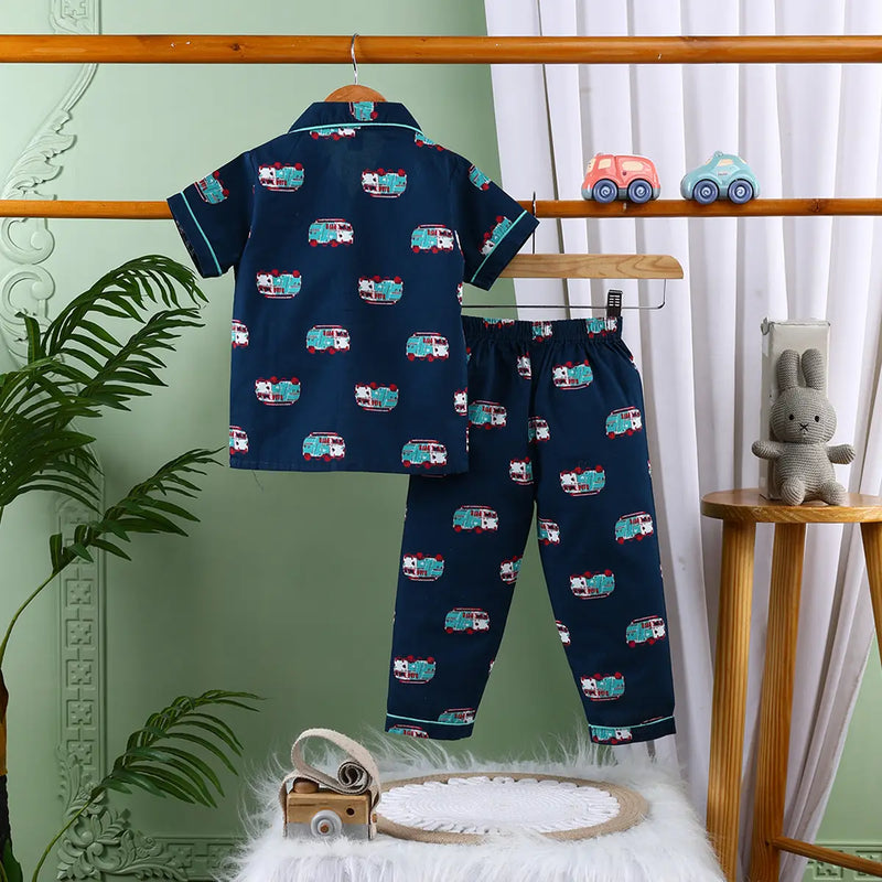 Girls Navy Blue Car Printed Short Sleeve Shirt With Printed Pyjama Sets Sets