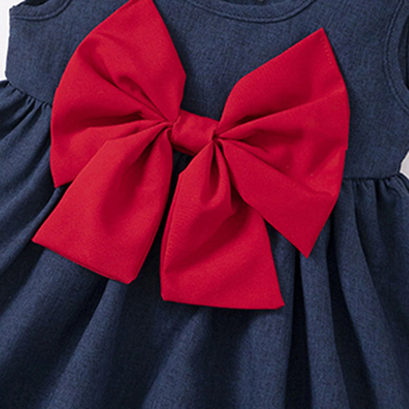 Girls Navy Blue Sleeveless Fit & Flare Dress With Bow Detail Casual Dresses