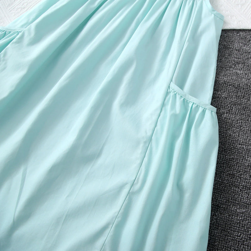 Girls Aqua Blue Solid Sleeveless A-Line Dress with Pockets Casual Dresses