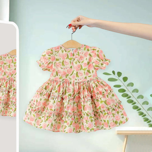 Girls Pink Floral Printed Tiered Fit & Flare Dress Casual Dresses