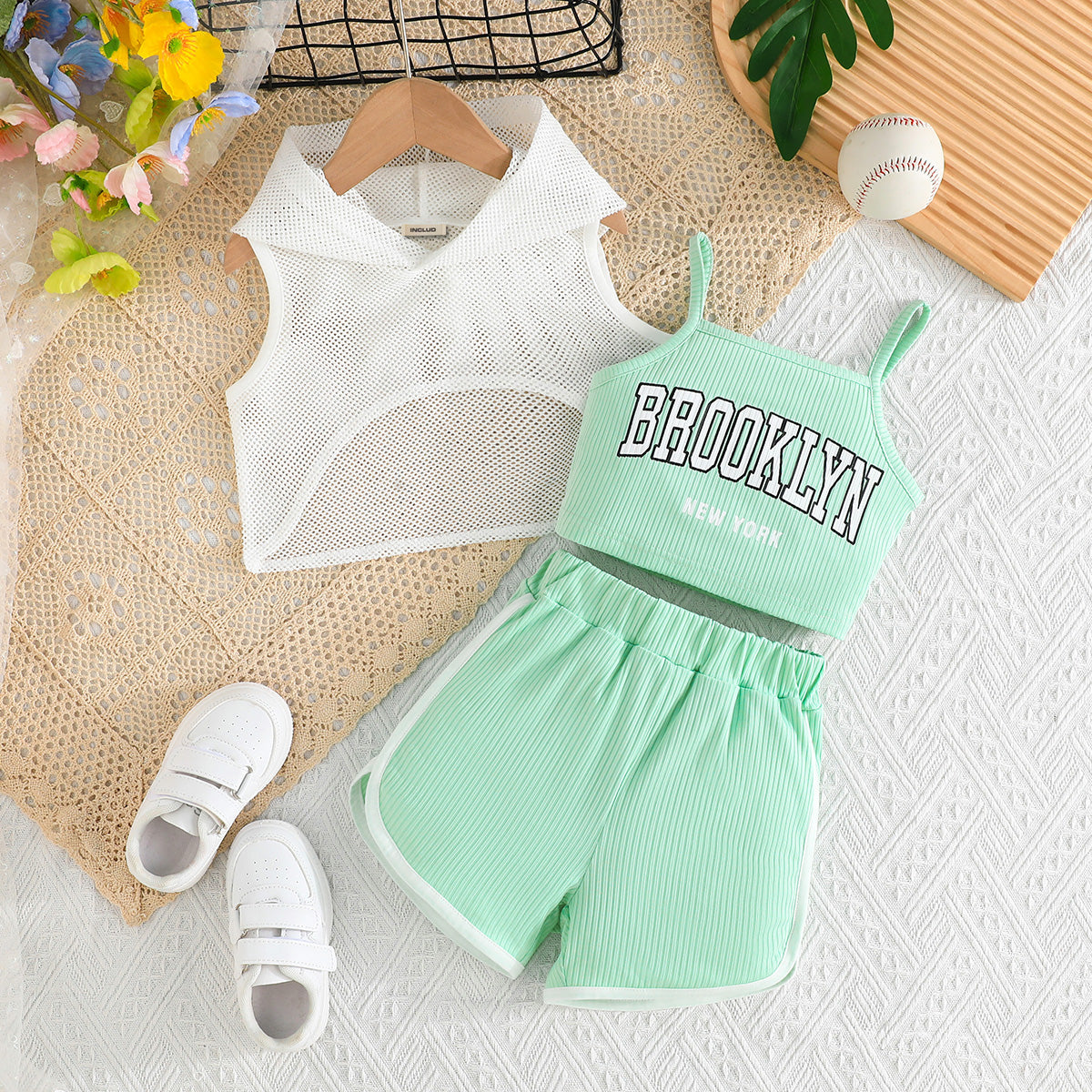 Girls Sea Green Typographic Printed Camisole Top With Tulle Top And Shorts Set 3 pc. Sets Sea Green 3-4 Y