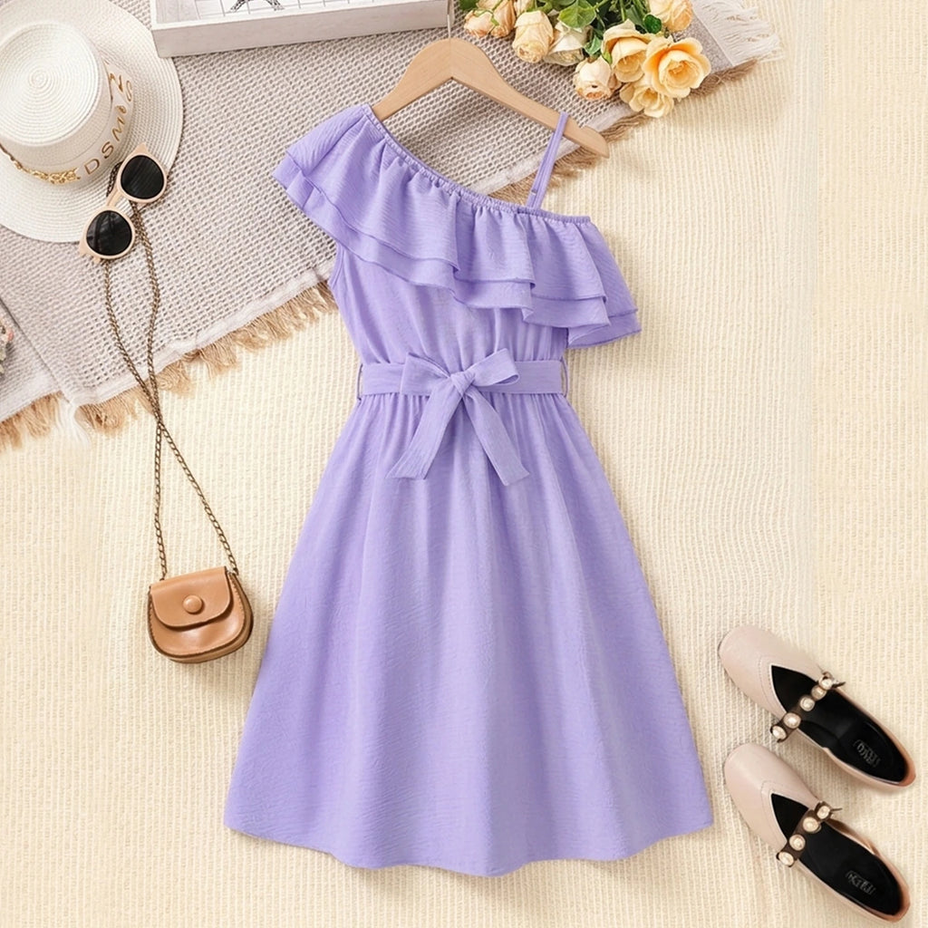 Girls Purple Ruffled One Shoulder Flared Dress Casual Dresses Purple 6-7 Y