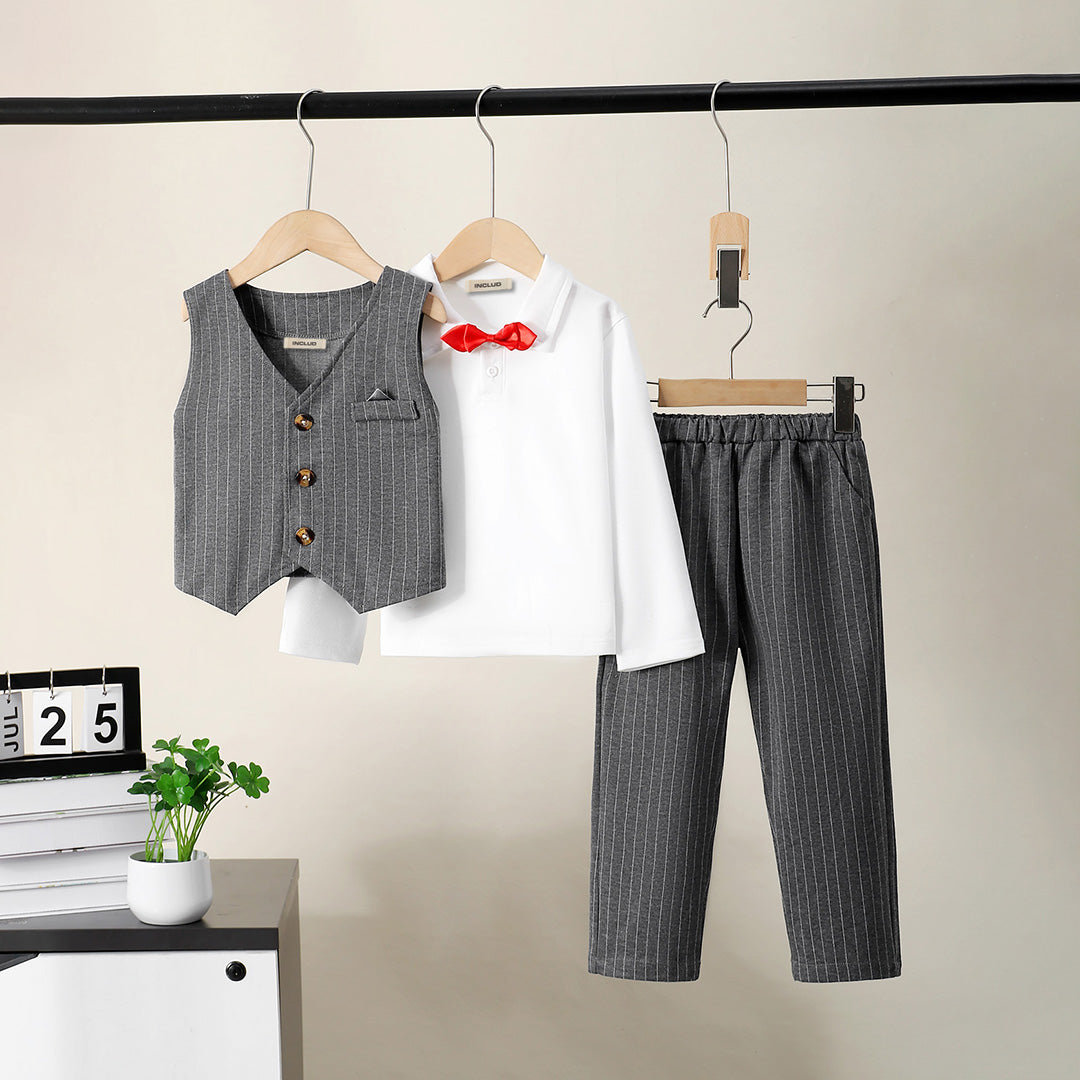 Boys Grey Sleeveless Jacket With Long Sleeve Polo T-Shirt And Pants Set 3 pc. Sets