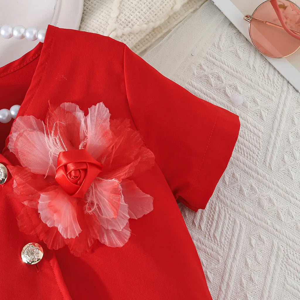 Girls Red Flower Applique Short Sleeves Top With Pleated Skirts Co-ord Sets Sets
