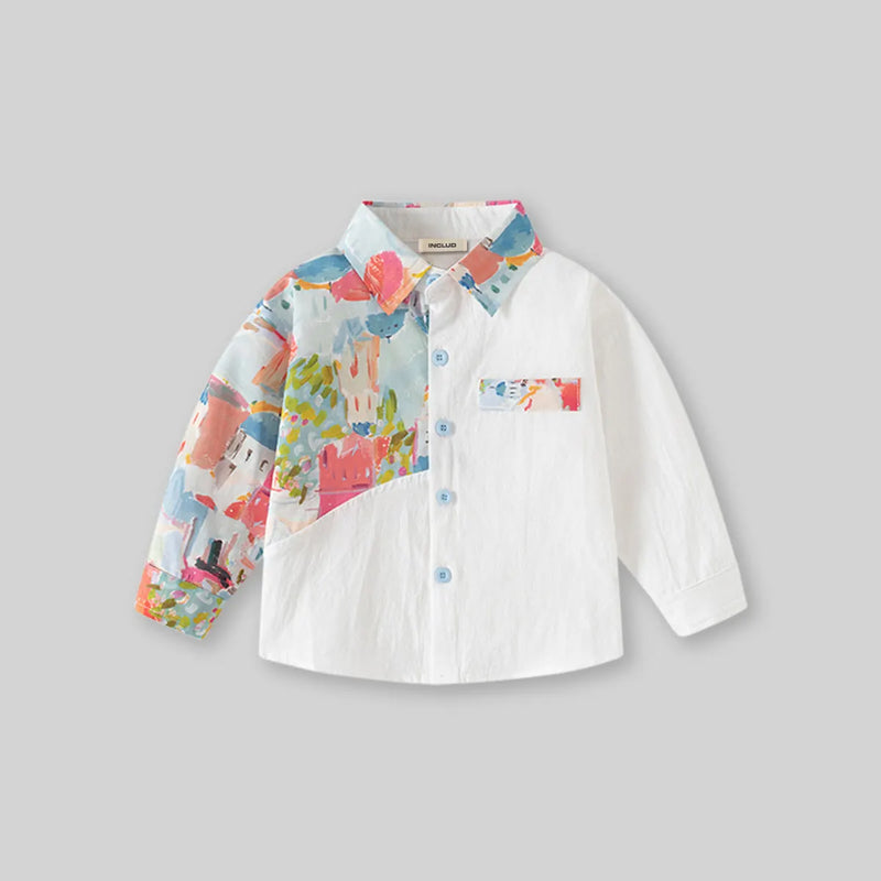 Boys White Abstract Printed Long Sleeves Shirts Shirts