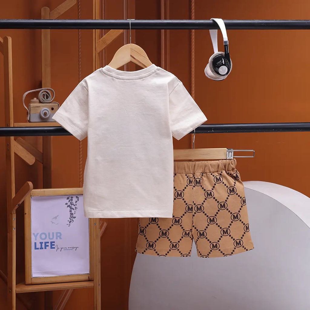 Boys Beige Graphic Printed Short Sleeve T-Shirt With Shorts Sets 2 pc. Sets