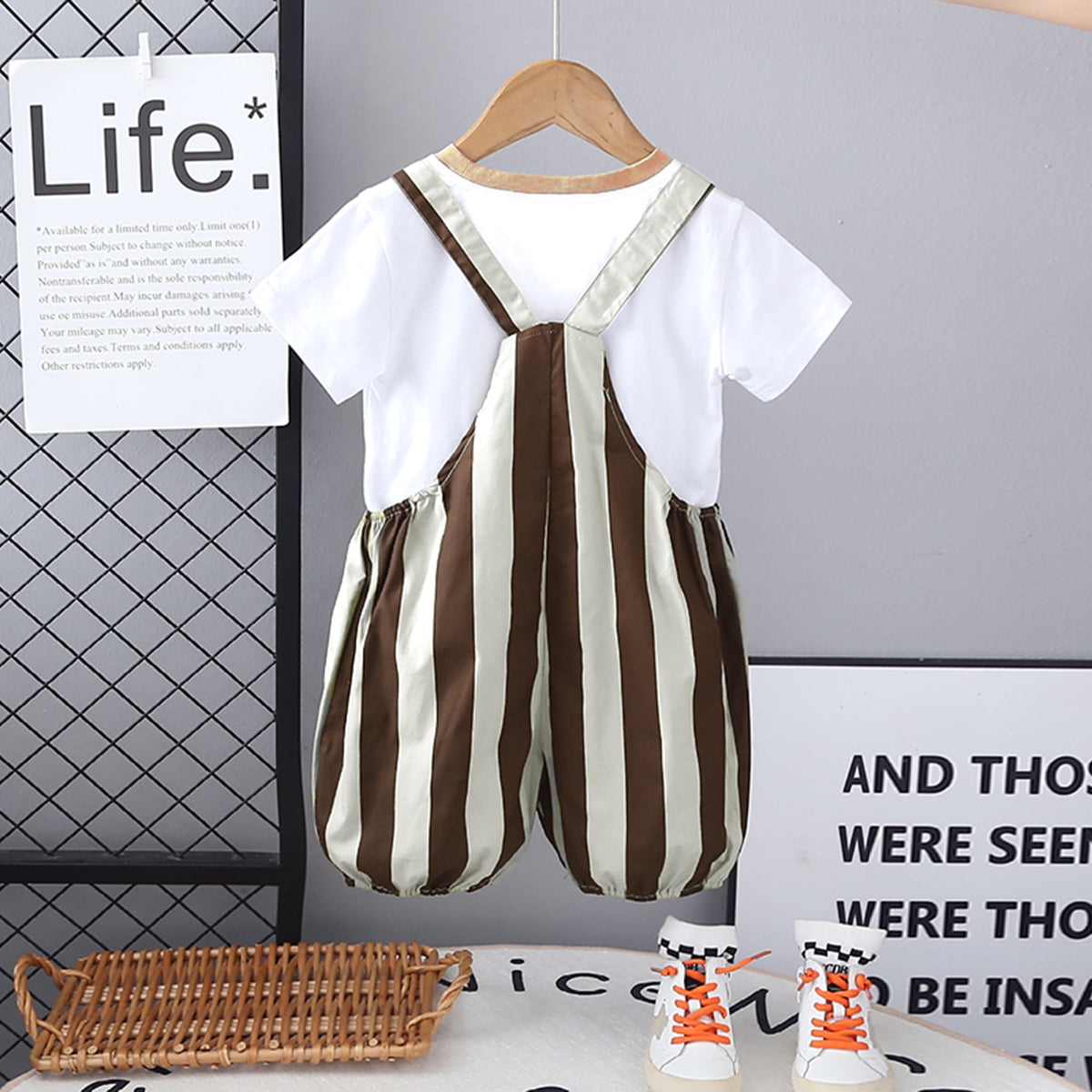 Boys Short Sleeves T-Shirt With Brown Vertical Striped Dungaree Set 2 pc. Sets