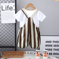Boys Short Sleeves T-Shirt With Brown Vertical Striped Dungaree Set 2 pc. Sets