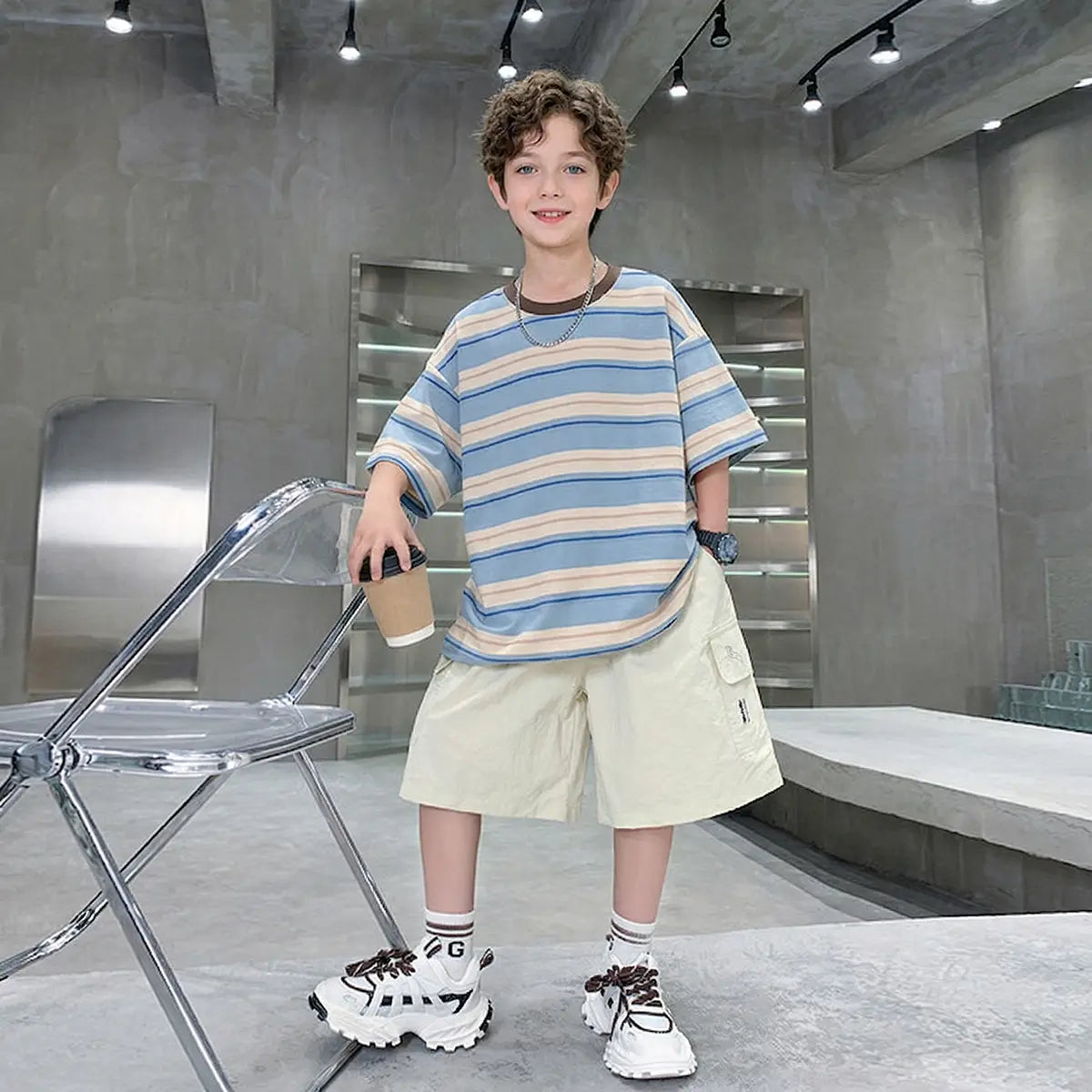 Boys Blue Striped Oversized T-Shirt With Shorts Sets Sets Blue 5-6 Y