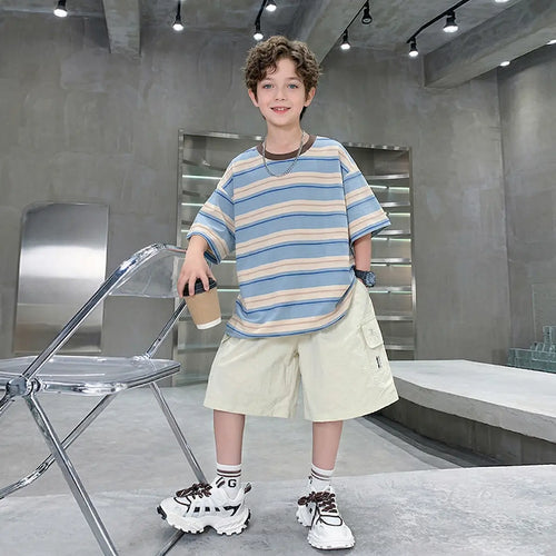 Boys Blue Striped Oversized T-Shirt With Shorts Sets Sets Blue 5-6 Y