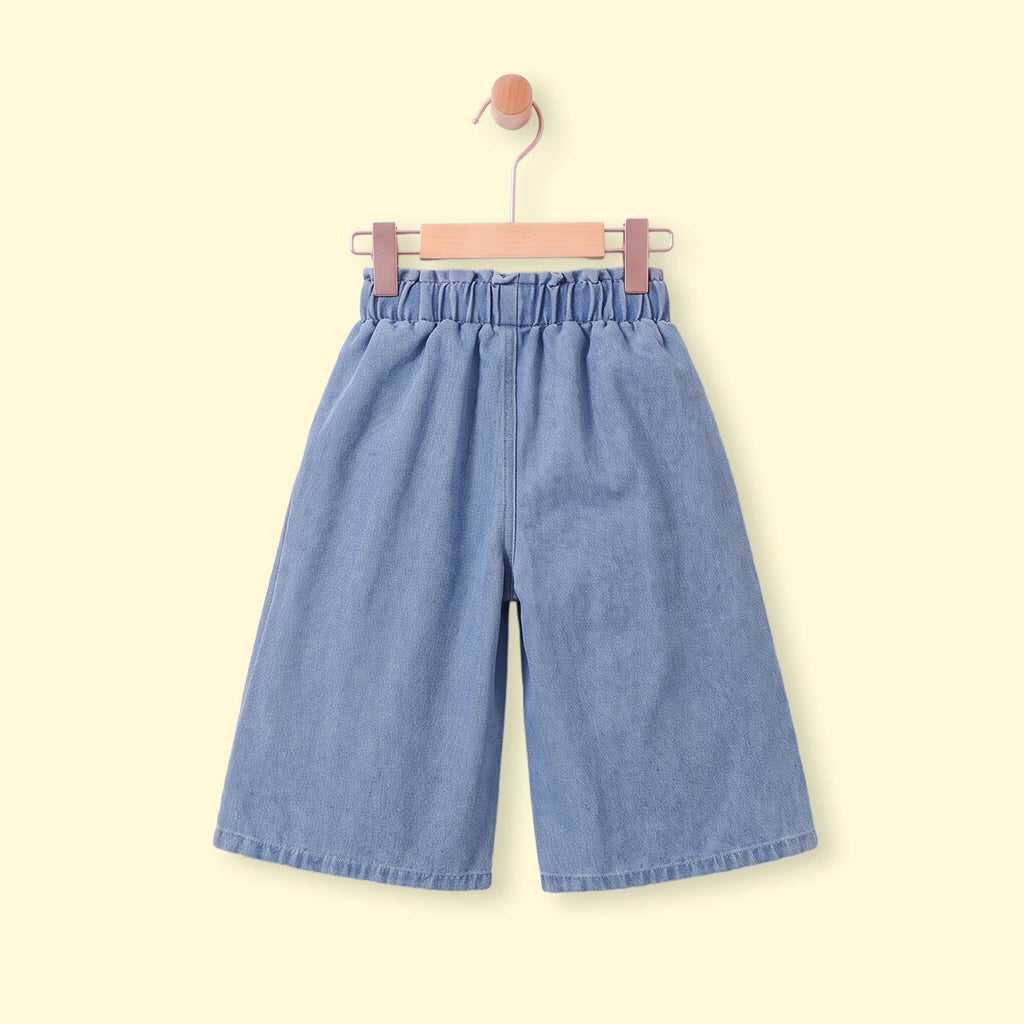 Girls Blue Floral Embroidered Relaxed Fit Denim Pants Pants