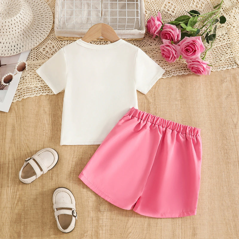 Girls 3D Rose Applique T-Shirt With Pink Skort Sets Sets