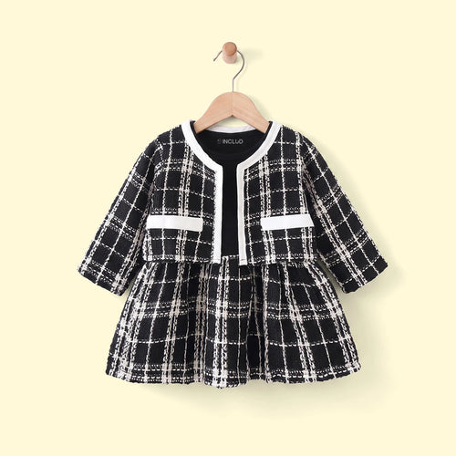 Girls Black Checked Flared Dress With Shrug Casual Dresses Black 1-2 Y