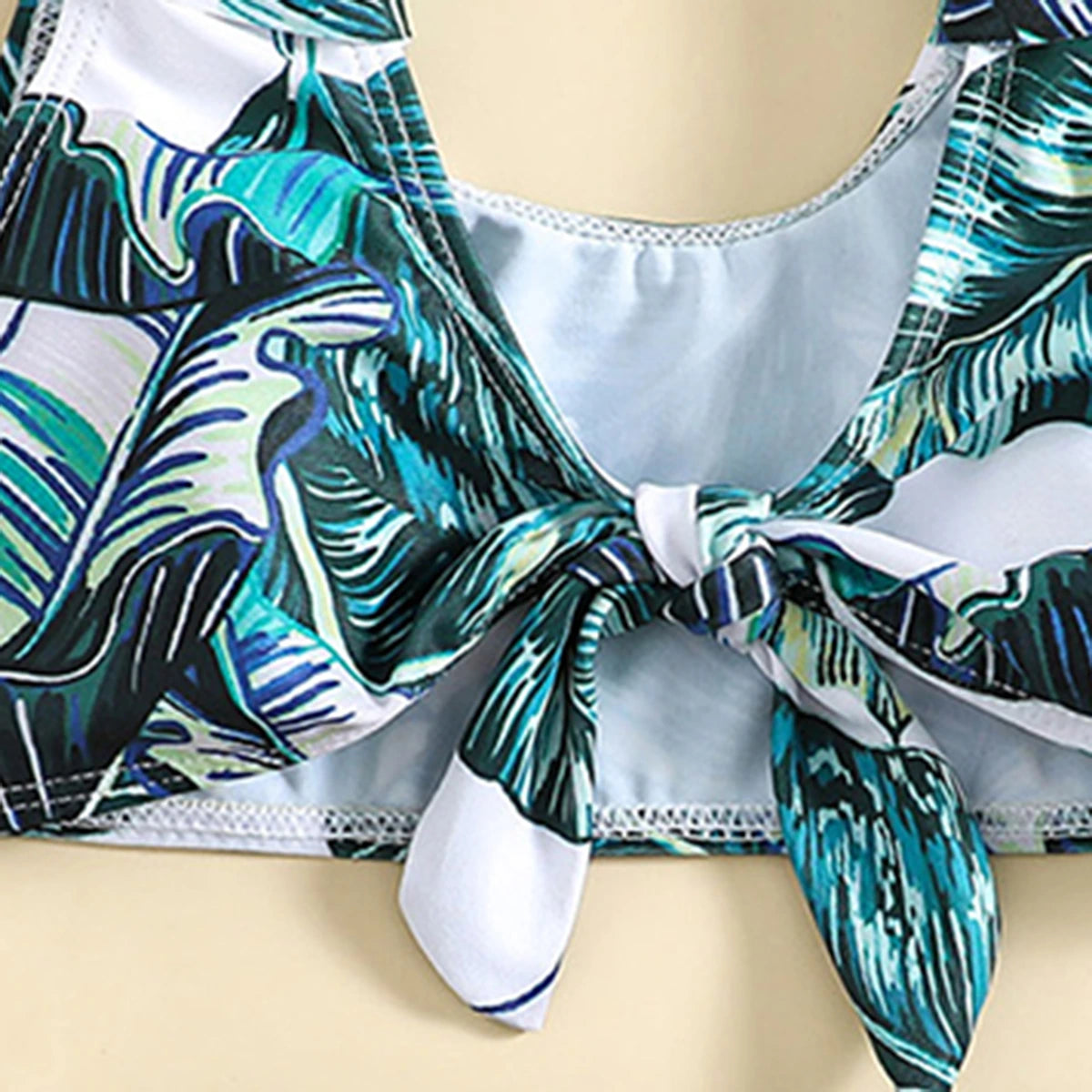 Girls Dark Green Tropical Printed Sleeveless Top With Briefs Swimwear Sets Sets
