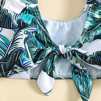 Girls Dark Green Tropical Printed Sleeveless Top With Briefs Swimwear Sets Sets