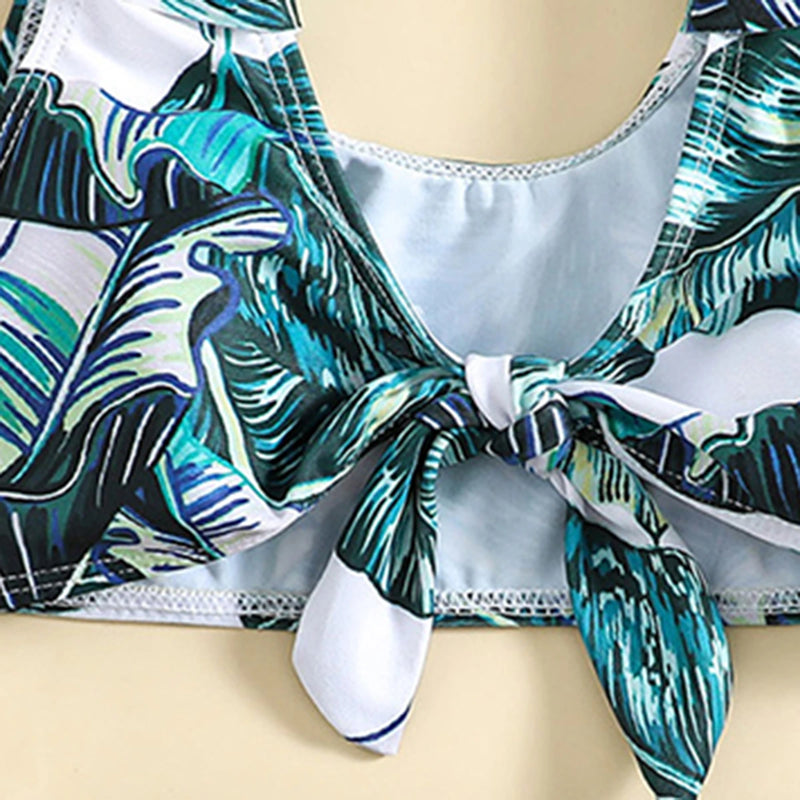 Girls Dark Green Tropical Printed Sleeveless Top With Briefs Swimwear Sets Sets
