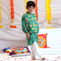 Boys Bandhani Print Kurta with Floral Print Nehru Jacket & Pajama Set Ethnicwear Boys