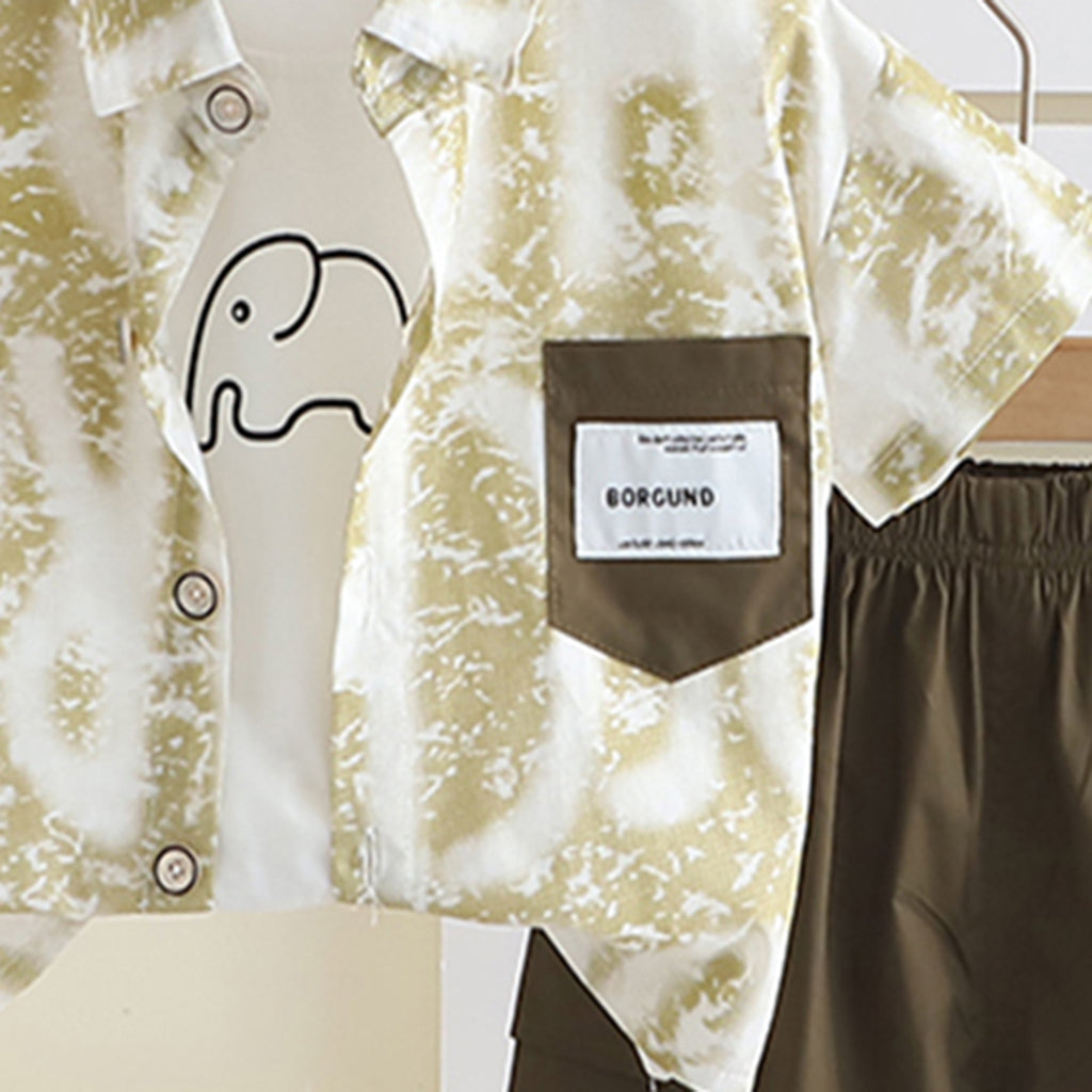 Boys Green Typographic Printed Shirt With T-Shirt And Shorts Set Sets