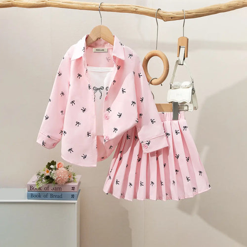 Girls Pink Bow Printed Shirt With Cami Top & Skirt Sets Sets Pink 3-4 Y