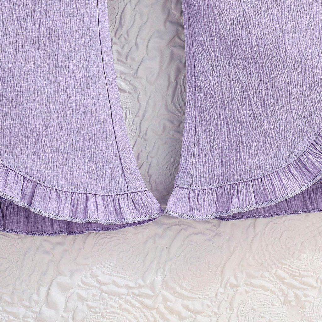 Girls Purple Textured One Shoulder Top With Flared Hem Pants Set 2 pc. Sets