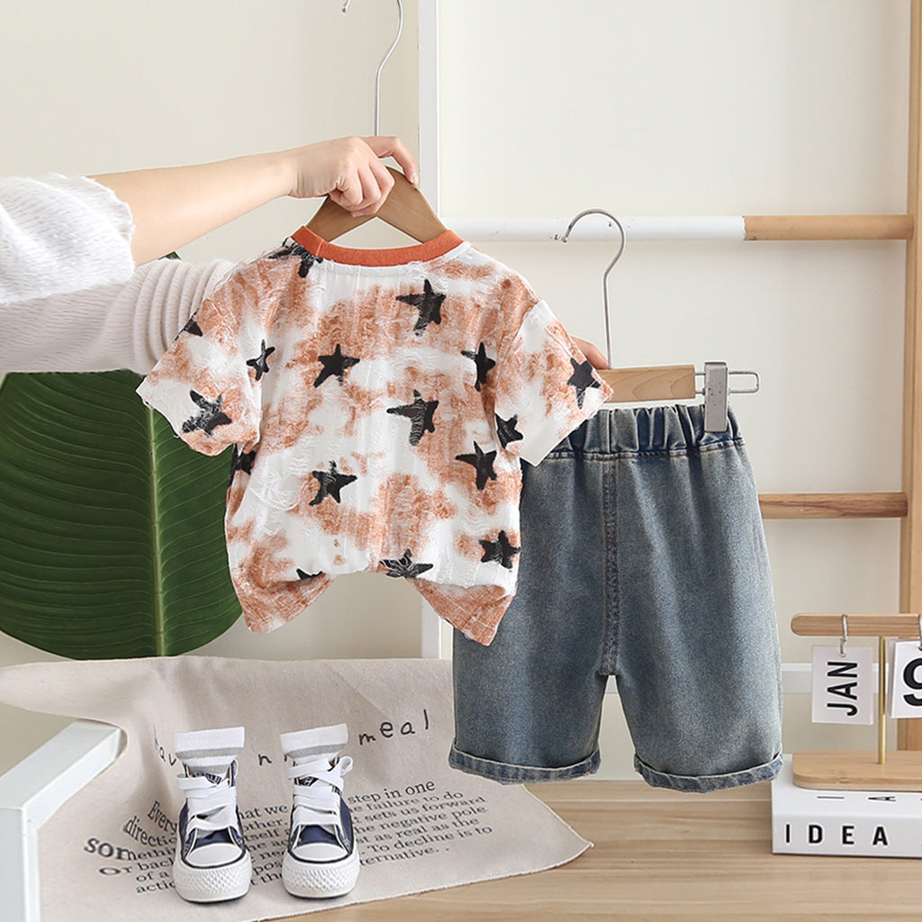 Boys Orange Star Print Shorts Sleeves T-Shirt With Denim Shorts Set 2 pc. Sets
