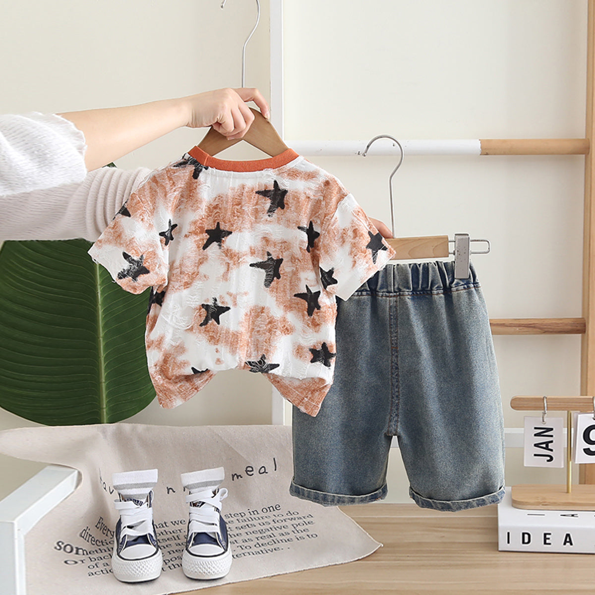 Boys Orange Star Print Shorts Sleeves T-Shirt With Denim Shorts Set 2 pc. Sets