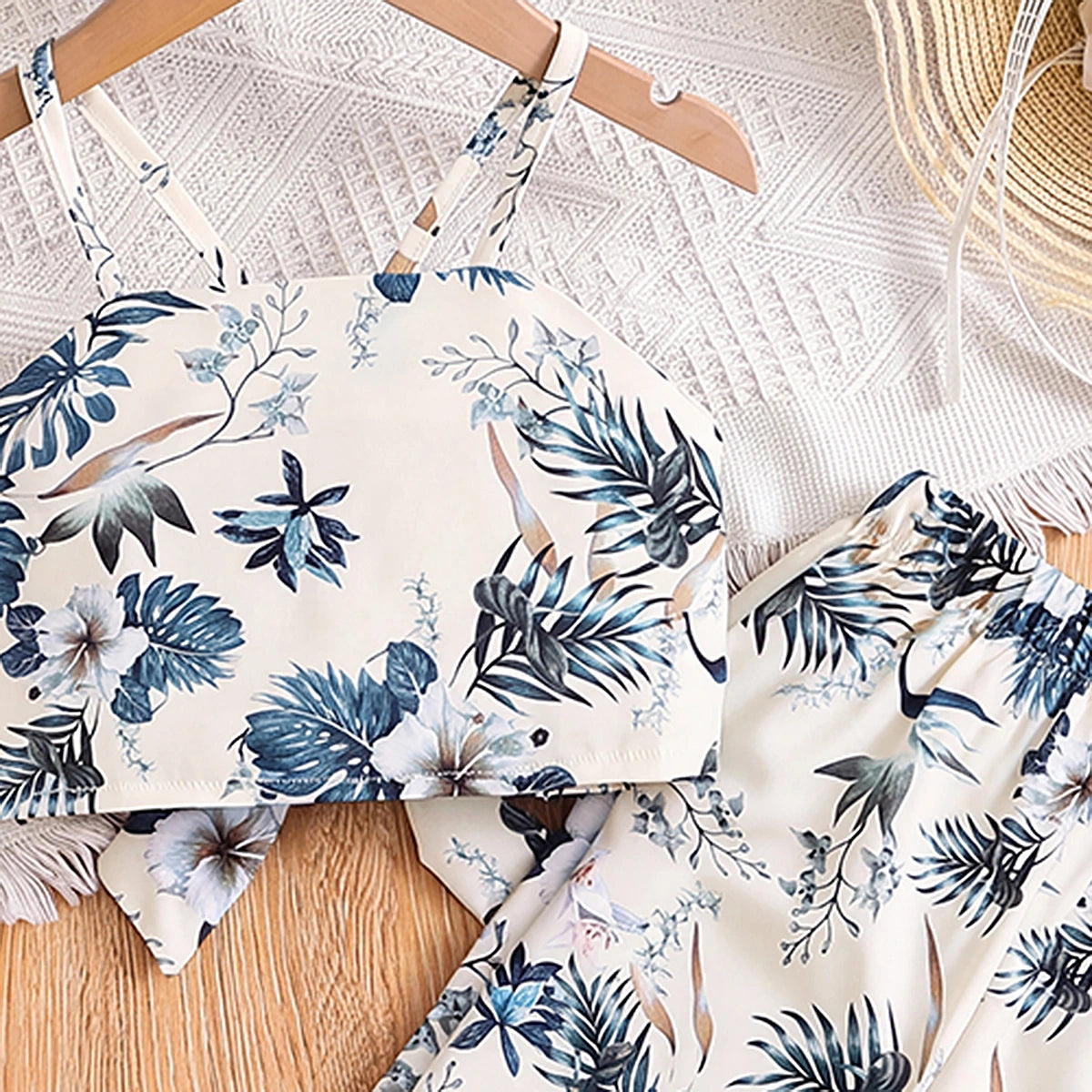 Girls Cream Floral Print Sleeveless Crop Top With Pants Sets 2 pc. Sets