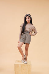 Girls Long Sleeve High Neck Top With Houndstooth Shorts Set