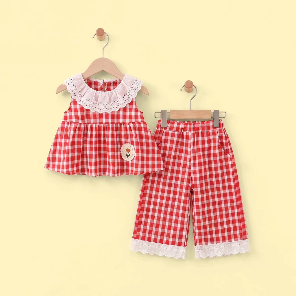 Girls Red Checked Sleeveless Top With Pants Sets 2 pc. Sets Red 1-2 Y