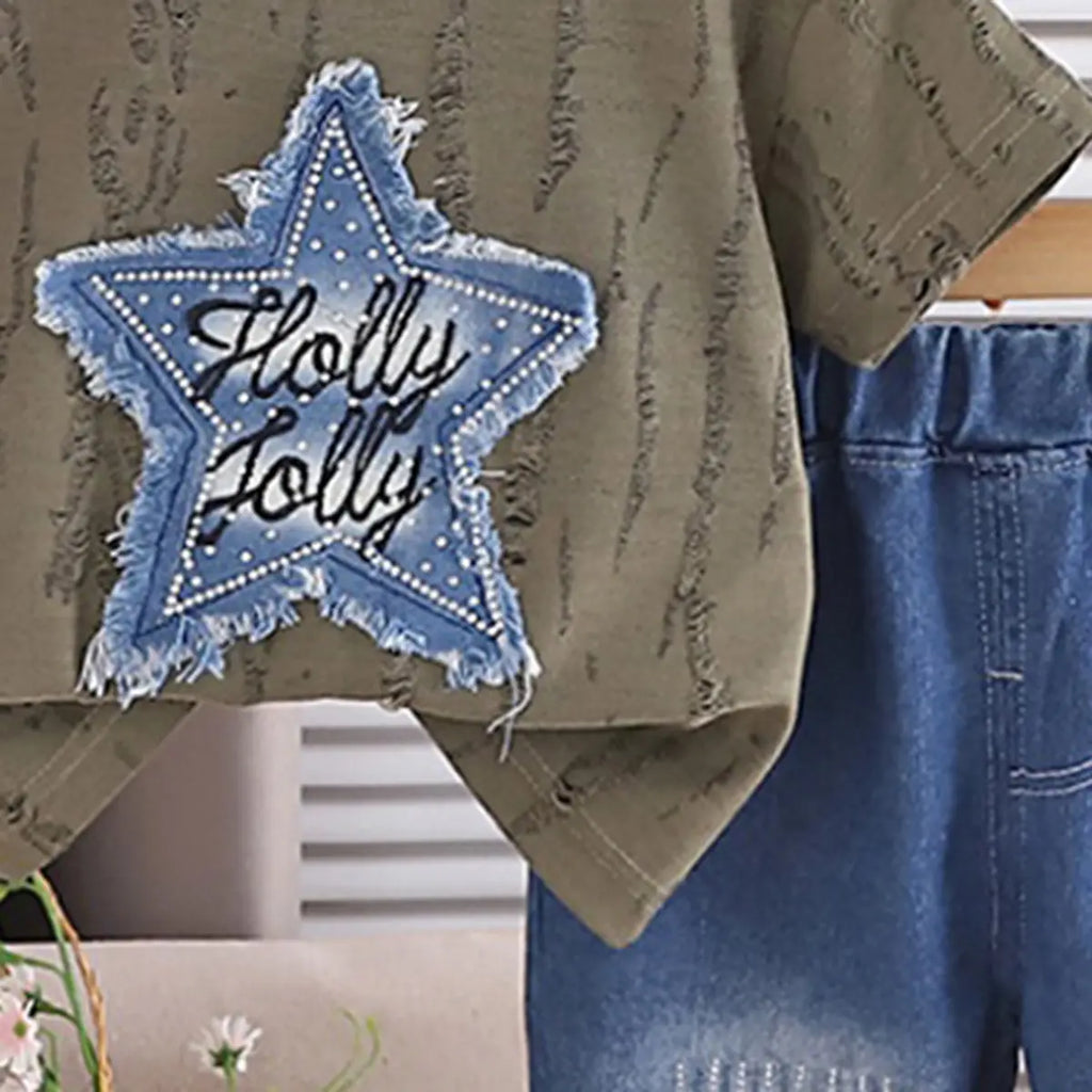 Boys Green Distress Print Star Applique T-Shirt With Denim Shorts Sets Sets