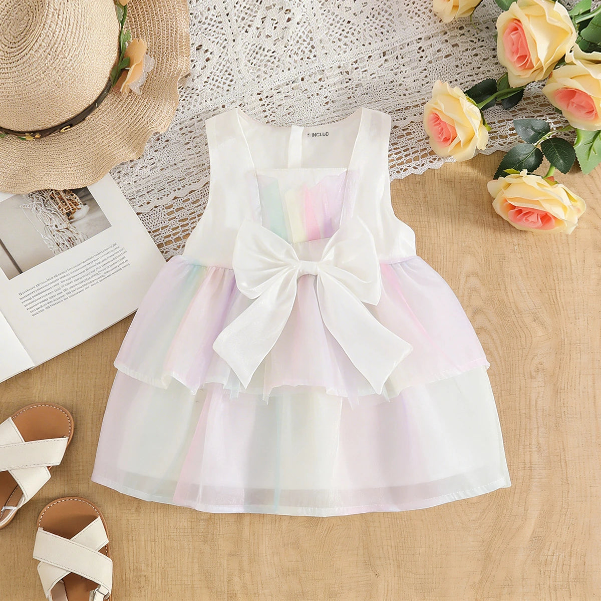 Girls White Rainbow Print Bow Applique Sleeveless Layered Dress Casual Dresses White 1-2 Y