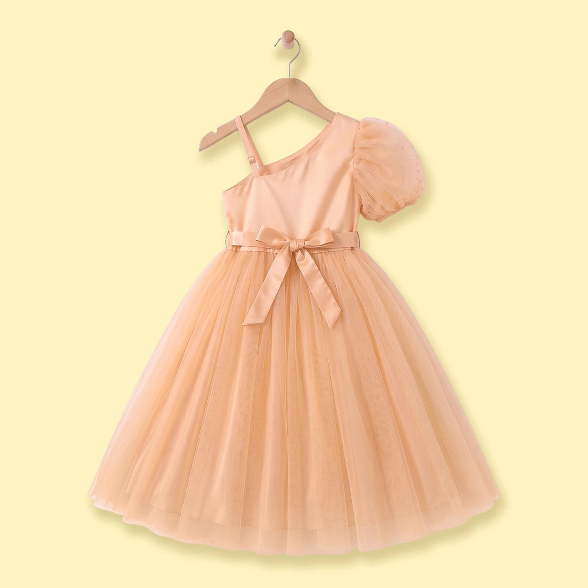 Girls Peach One -Shoulder Floral Applique Fit & Flare Dress Party Dresses
