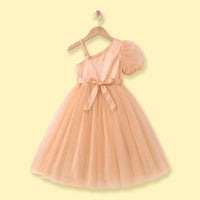 Girls Peach One -Shoulder Floral Applique Fit & Flare Dress Party Dresses