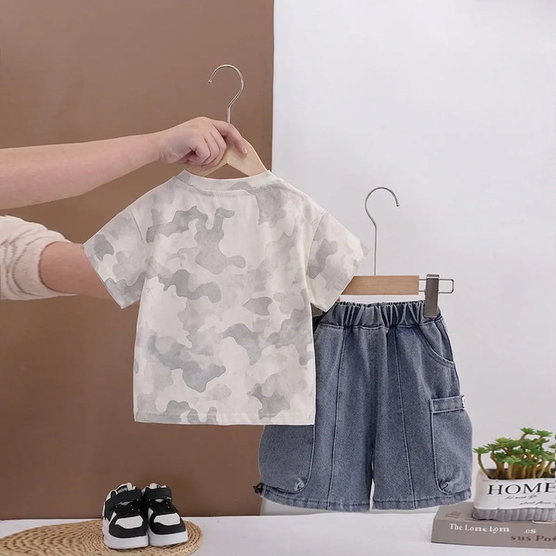 Boys Light Grey Camouflage Printed Round Neck T-Shirt With Denim Shorts Sets 2 pc. Sets