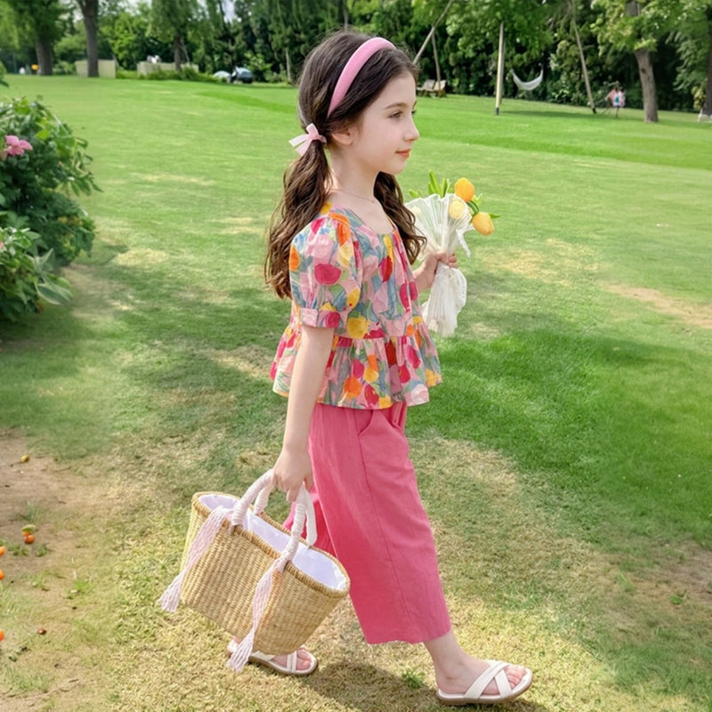 Girls Pink Floral Peplum Top With Crop Pants Sets Sets