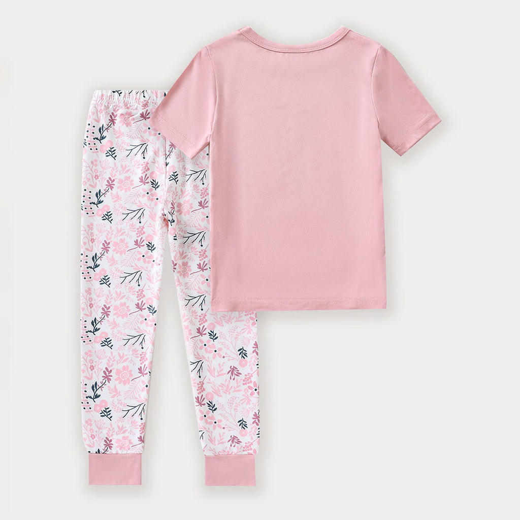 Girls Pink Cat Print T-shirt with Floral Print Pajama Set Sets