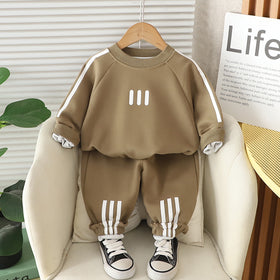 Boys Light Brown Three Stripes Printed Winter Sweatshirt With Pants Set 2 pc. Sets Light Brown 1-2 Y