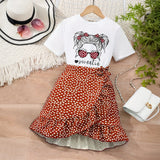 Girls White Graphics Short Sleeves T-Shirt With Skirt Sets