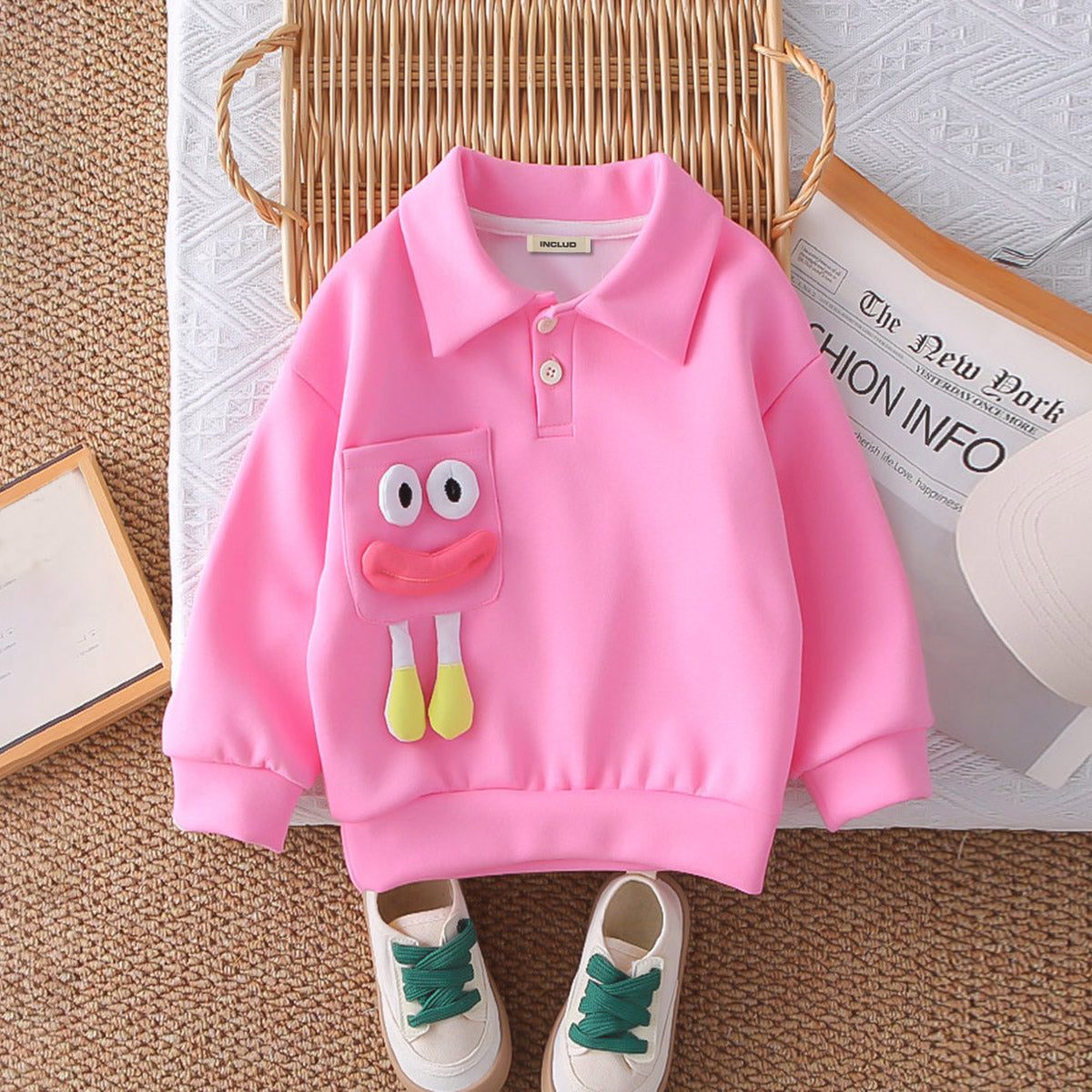 Girls Pink Solid Polo Neck Sweatshirt With Joggers Co-ord Set 2 pc. Sets
