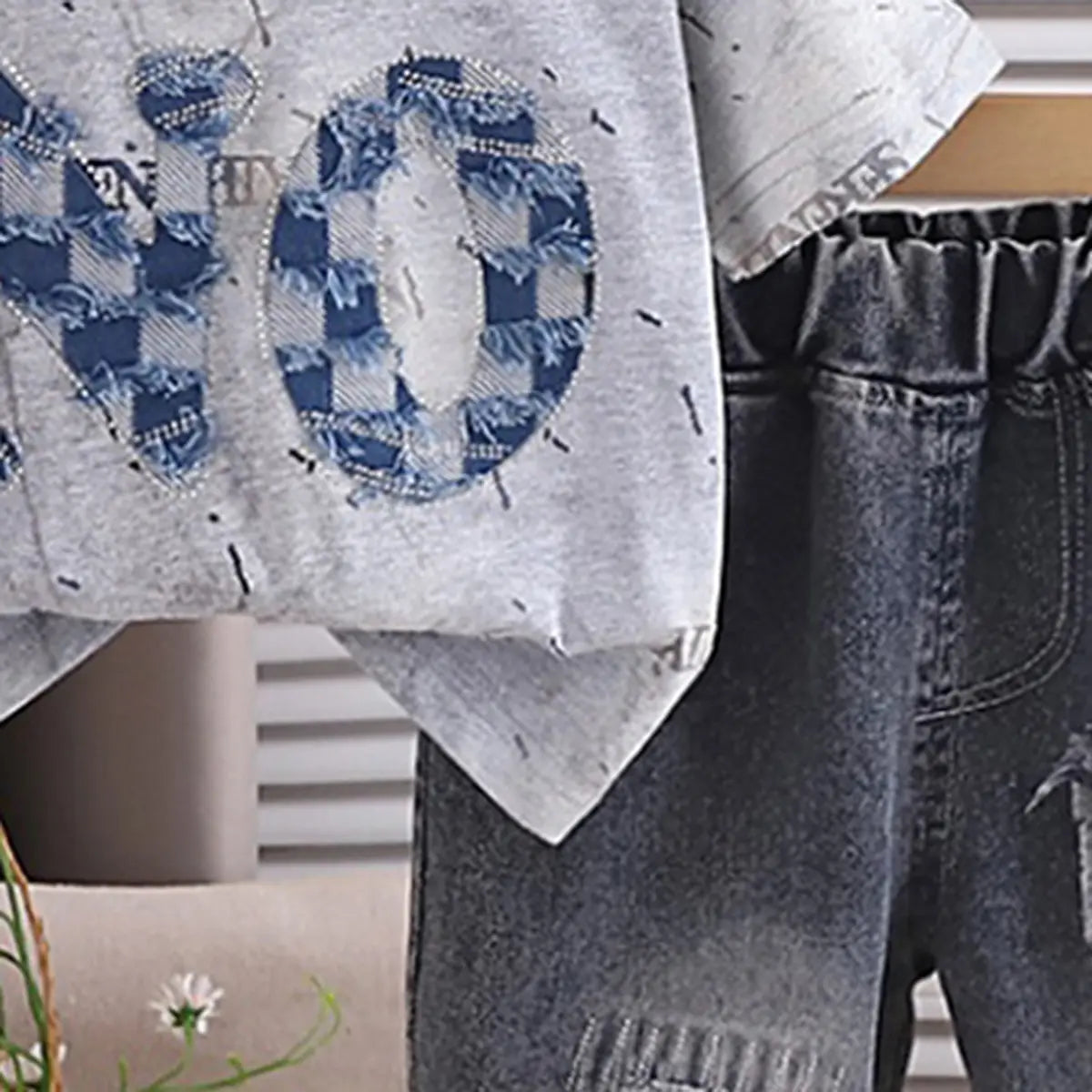 Boys Grey Typographic Print T-Shirt With Denim Shorts Sets Sets