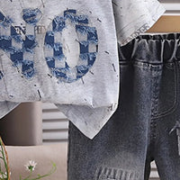 Boys Grey Typographic Print T-Shirt With Denim Shorts Sets Sets