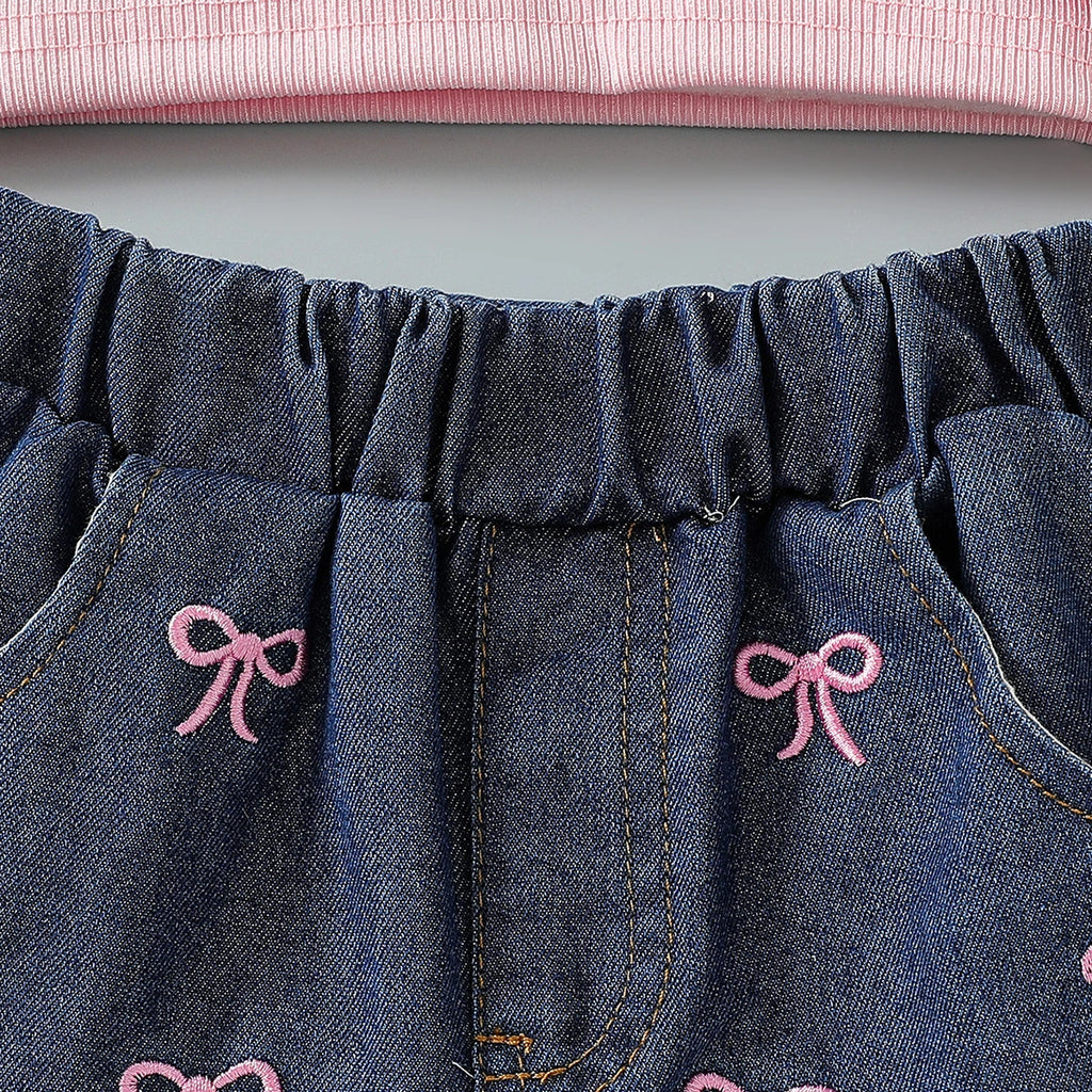 Girls Pink Bow Applique Crop Top With Embroidered Denim Shorts Set Sets