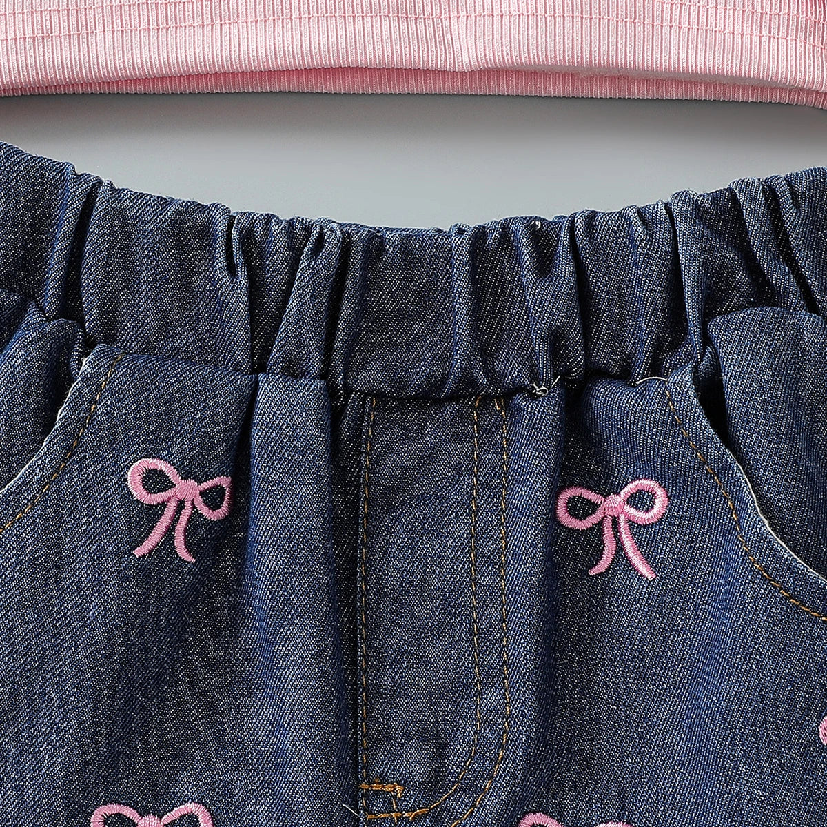 Girls Pink Bow Applique Crop Top With Embroidered Denim Shorts Set Sets