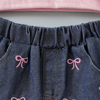 Girls Pink Bow Applique Crop Top With Embroidered Denim Shorts Set Sets