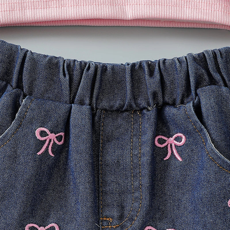 Girls Pink Bow Applique Crop Top With Embroidered Denim Shorts Set Sets