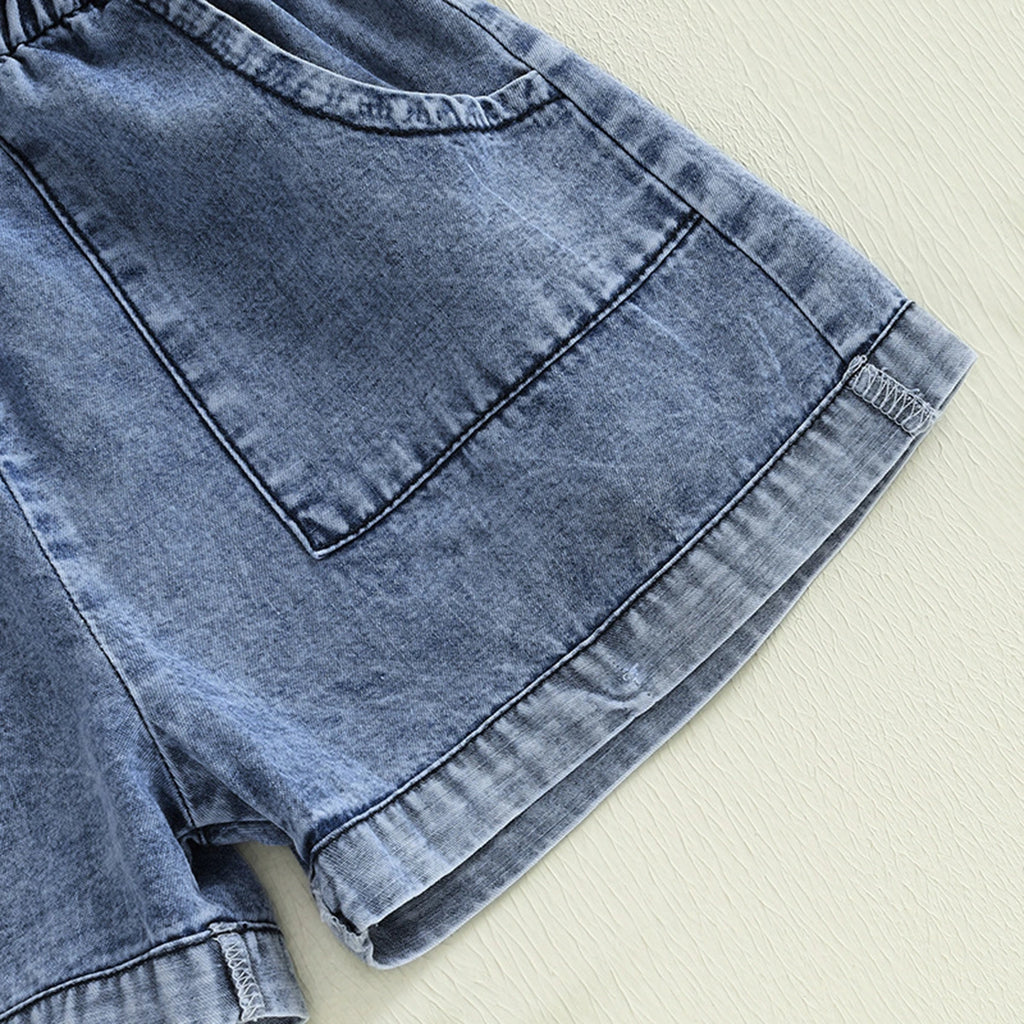 Girls Blue Denim Button Front Short Sleeve Romper With Bow Detail Playsuits