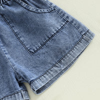 Girls Blue Denim Button Front Short Sleeve Romper With Bow Detail Playsuits